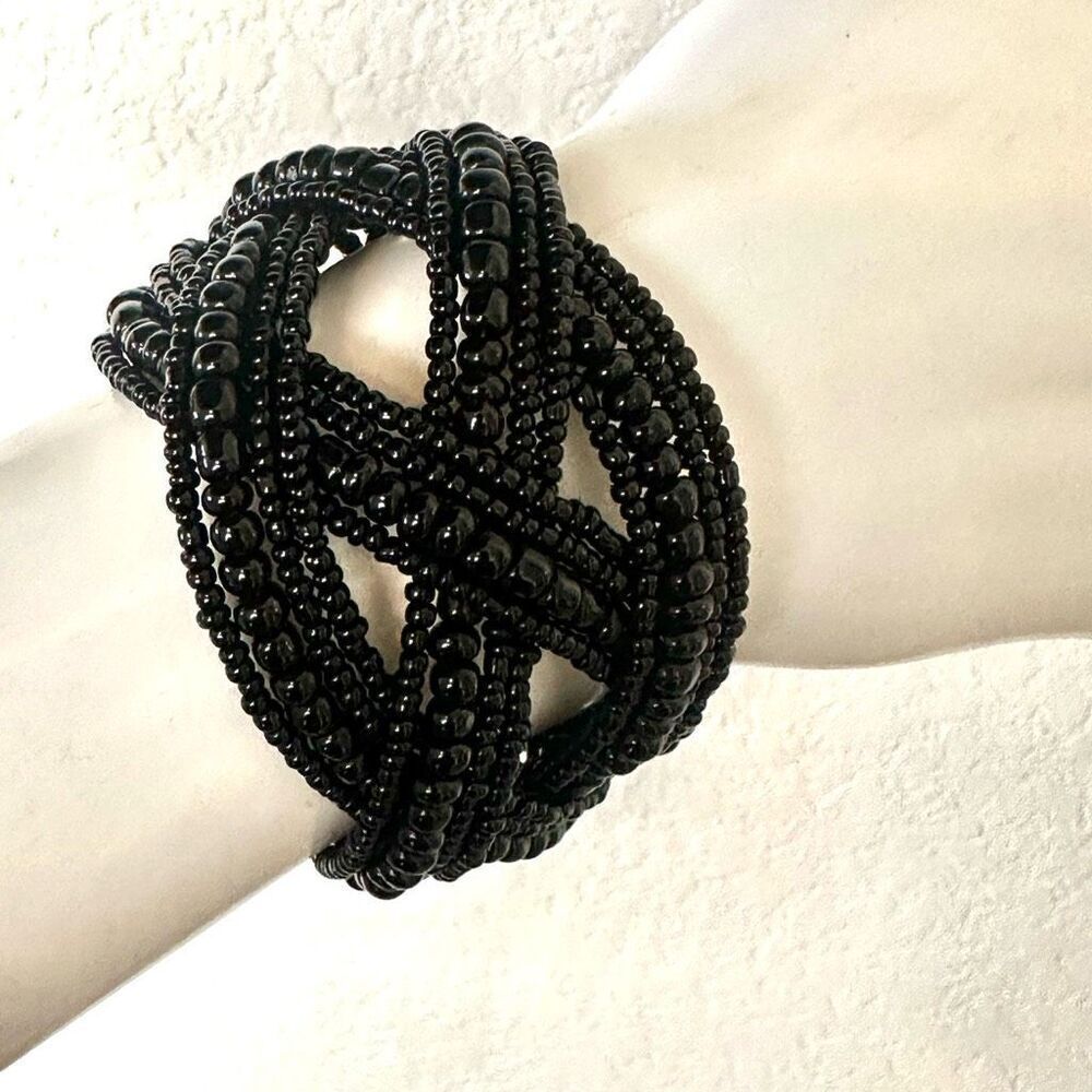 Black braided beaded cuff bracelet